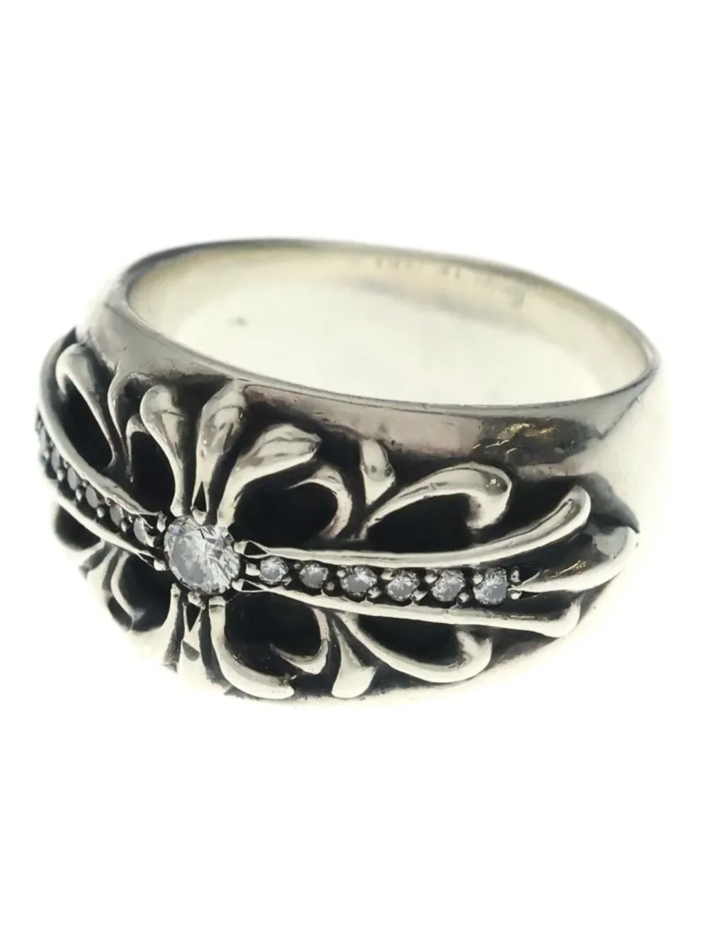 Chrome Hearts Flrl Crs P Dmnd Floral Black Sling Pave Diamond Silver Ring